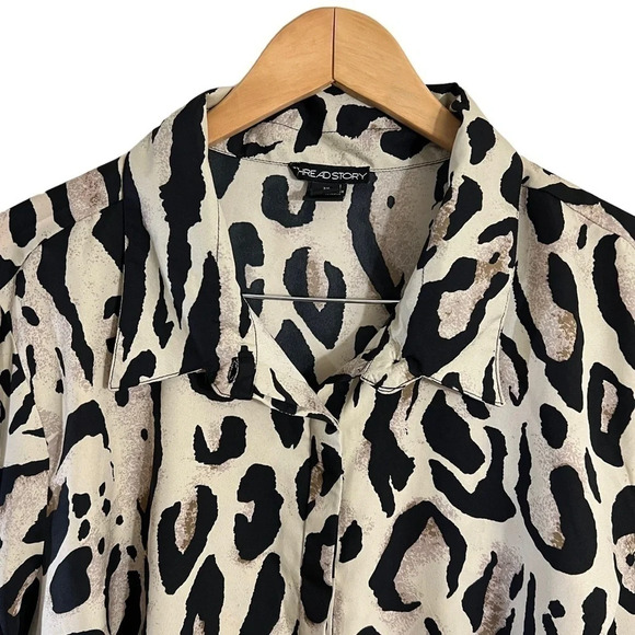 Thread Story Animal Print Button Up Tunic 3X Roll Tab Sleeves Collared Tan Black - Picture 3 of 8